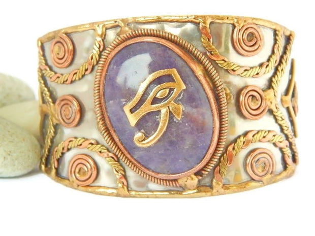 Eye of RA/Amethyst gemstone Cuff Bracelet. #StraightPathJewelry #EgyptianJewelry